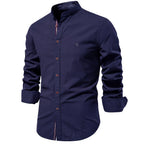 Men's Cotton Grandad-Collar Contrast Shirt. Grandad collar.