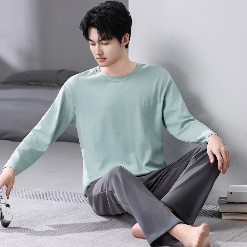 Men's Relaxed Cotton Crew-Neck Lounge Set. Cotton fabric.