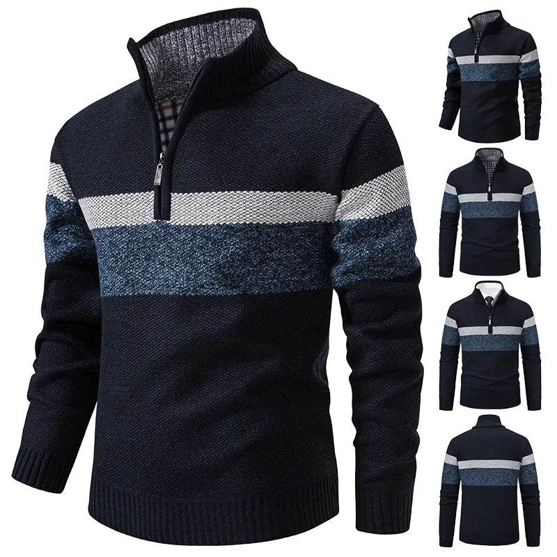 Men's Striped Winter Quarter-Zip Jumper. Quarter-zip fastening.