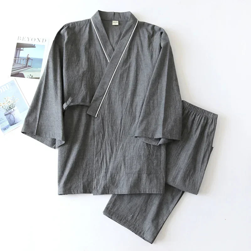 Men's Piped Cotton Kimono Lounge Set. Crinkled cotton fabric.