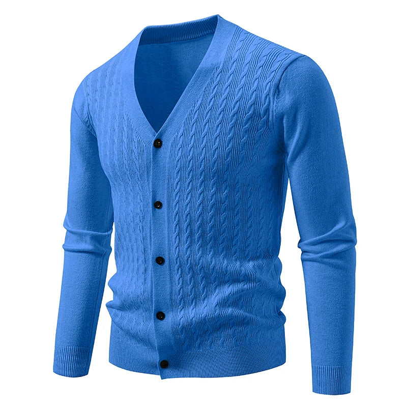 Men's Cable-Knit V-Neck Cardigan. Cable-knit texture.