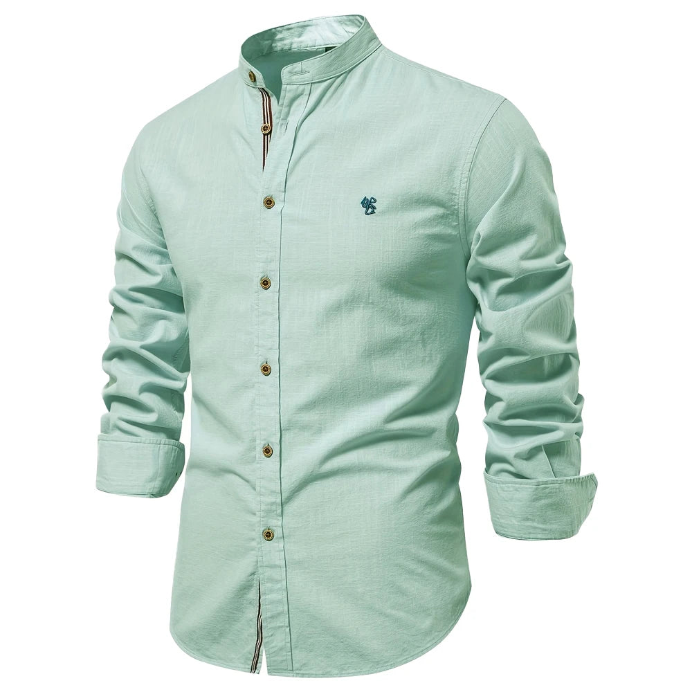 Men's Cotton Grandad-Collar Contrast Shirt. Grandad collar.