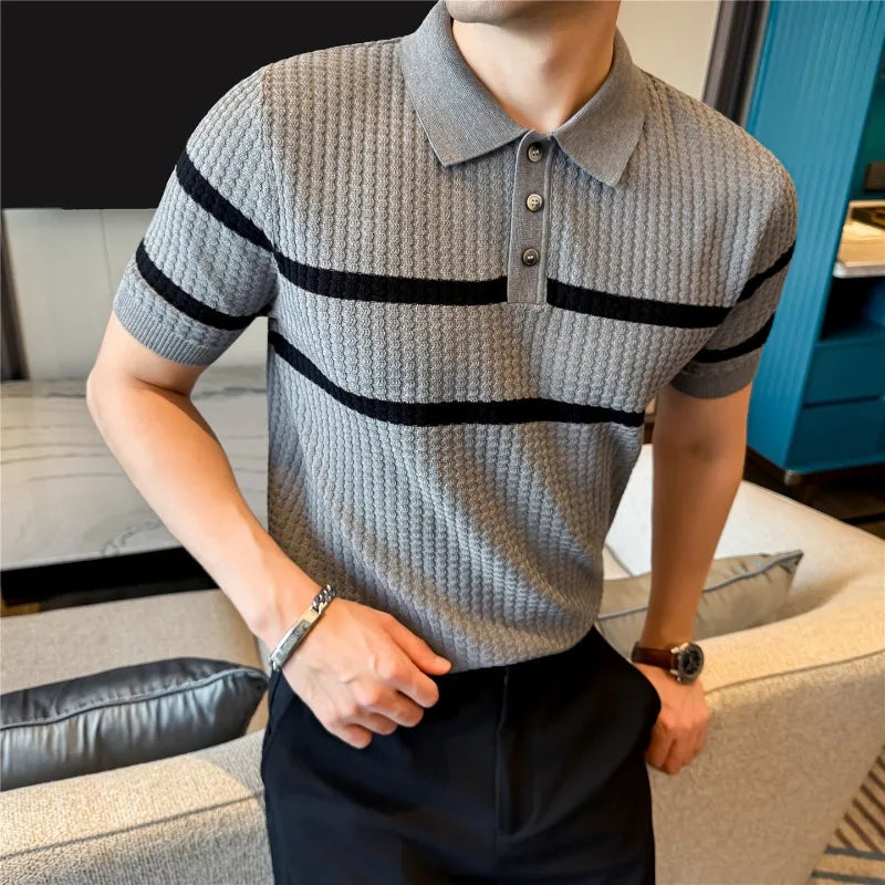 Men's Textured Contrast-Stripe Knit Polo. Textured knit.