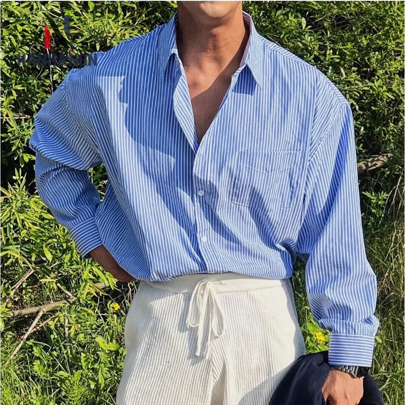 Men's Relaxed Polyester Stripe Shirt. Polyester fabric.