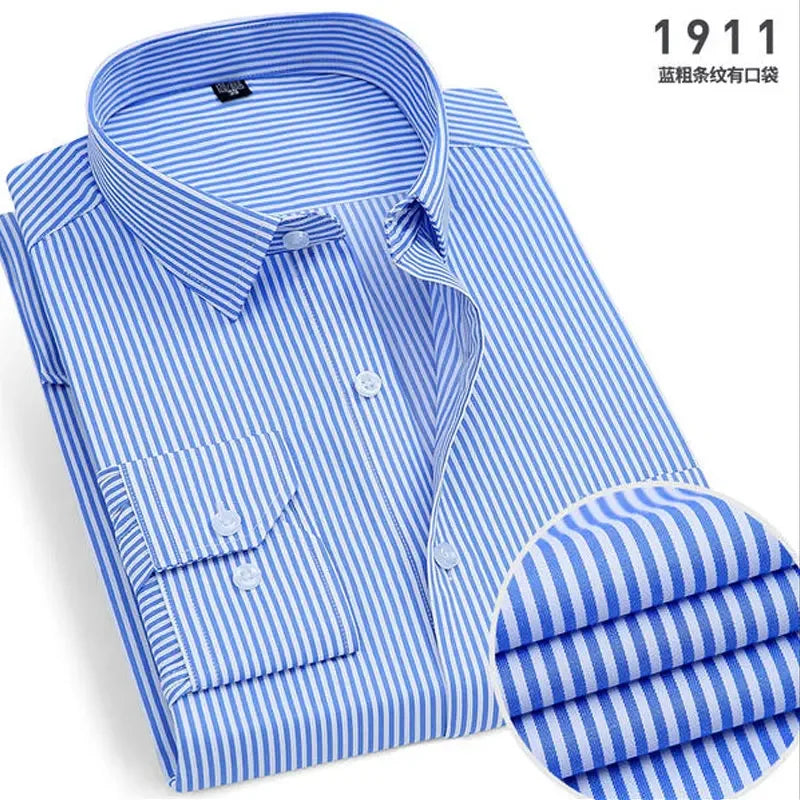 Men's Classic Stripe & Plain Pocket Shirt. Cotton-polyester blend.