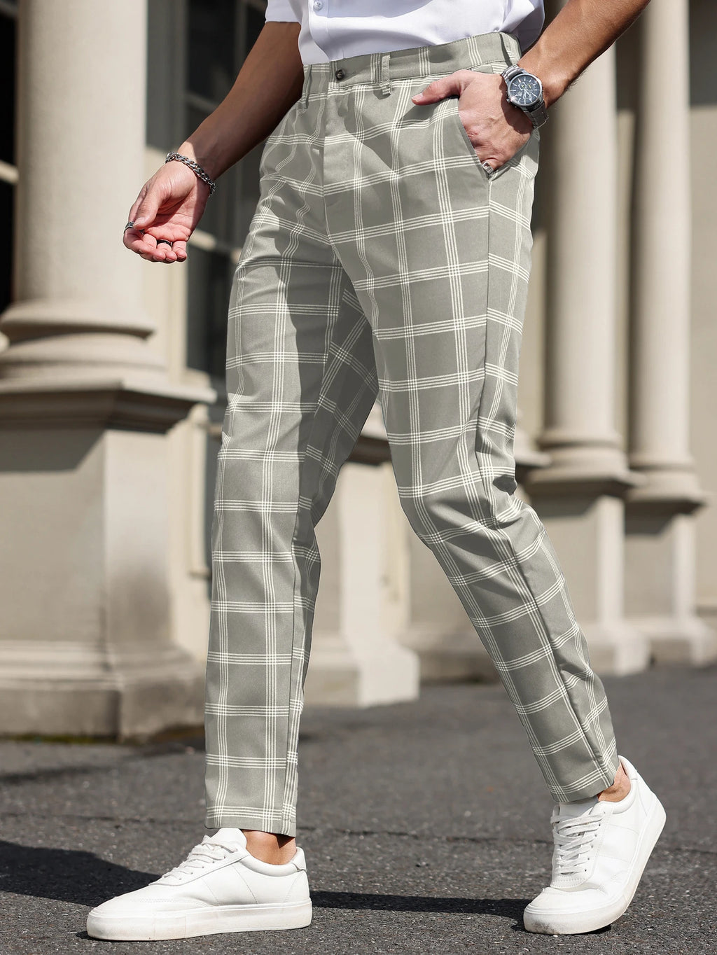 Men's Grey Windowpane Ankle Trousers. Polyester fabric.