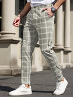 Men's Grey Windowpane Ankle Trousers. Polyester fabric.