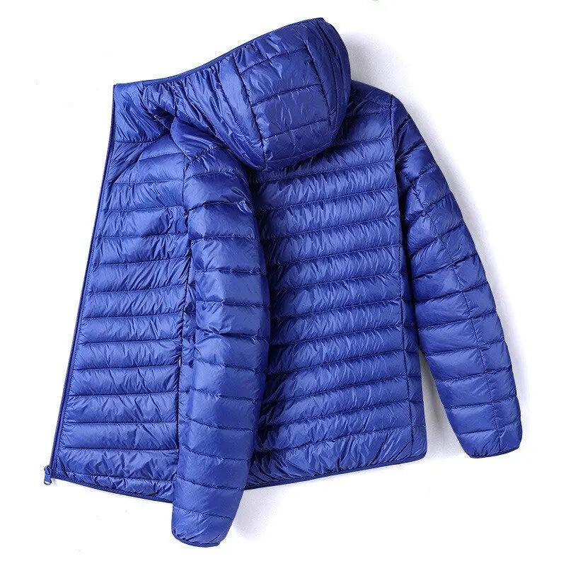 Men's Lightweight Narrow-Quilted Hooded Puffer. Narrow horizontal quilting.