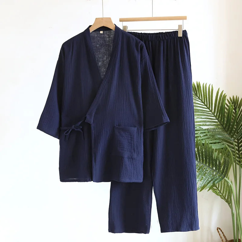 Men's Textured Cotton Kimono & Trouser Set. Textured cotton fabric.