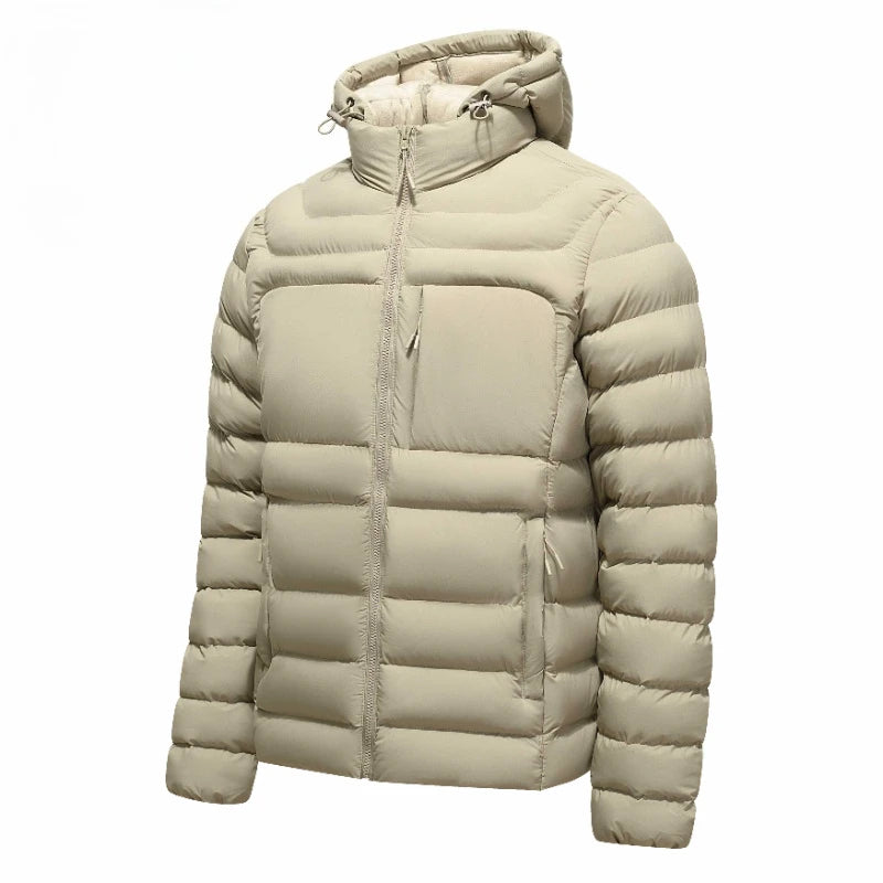 Men's Horizontal-Quilted Hooded Puffer Jacket. Hooded shape.