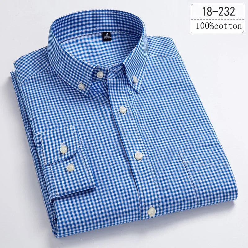Men's Cotton Check & Stripe Button-Down Shirt. Button-down collar and button front.