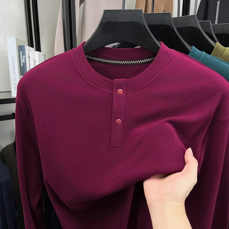 Men's Brushed Long-Sleeve Henley Top. Brushed finish.