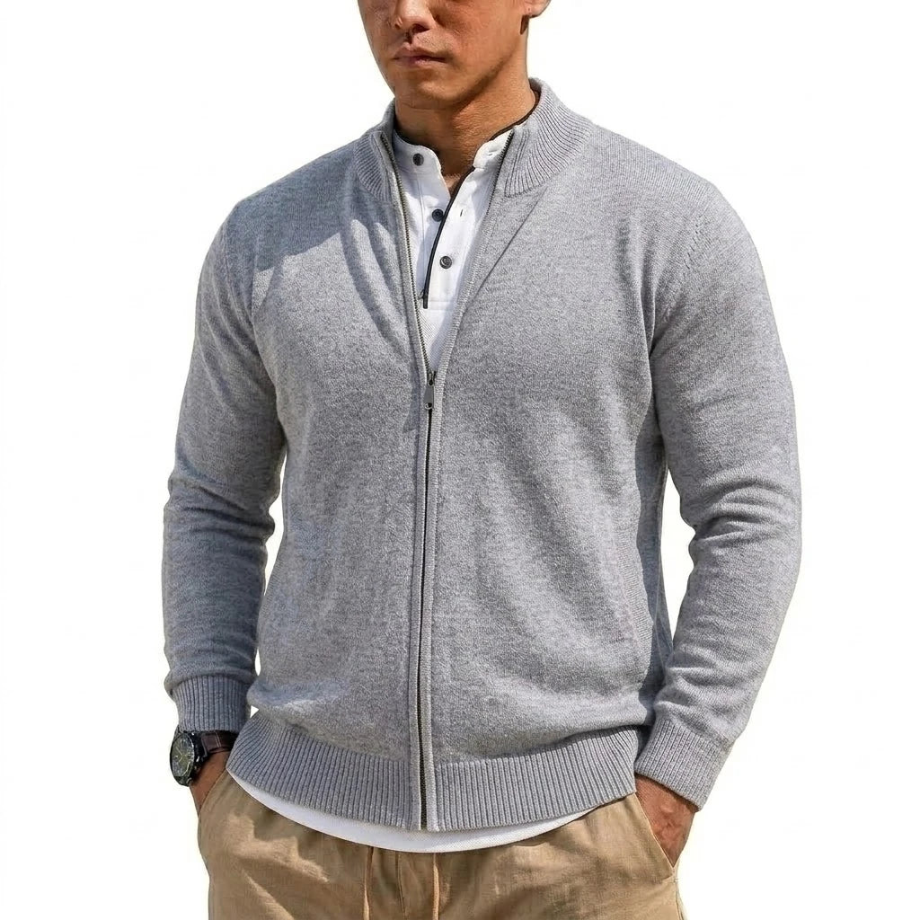 Men's Stand-Collar Zip-Through Cardigan. Full-length zip fastening.
