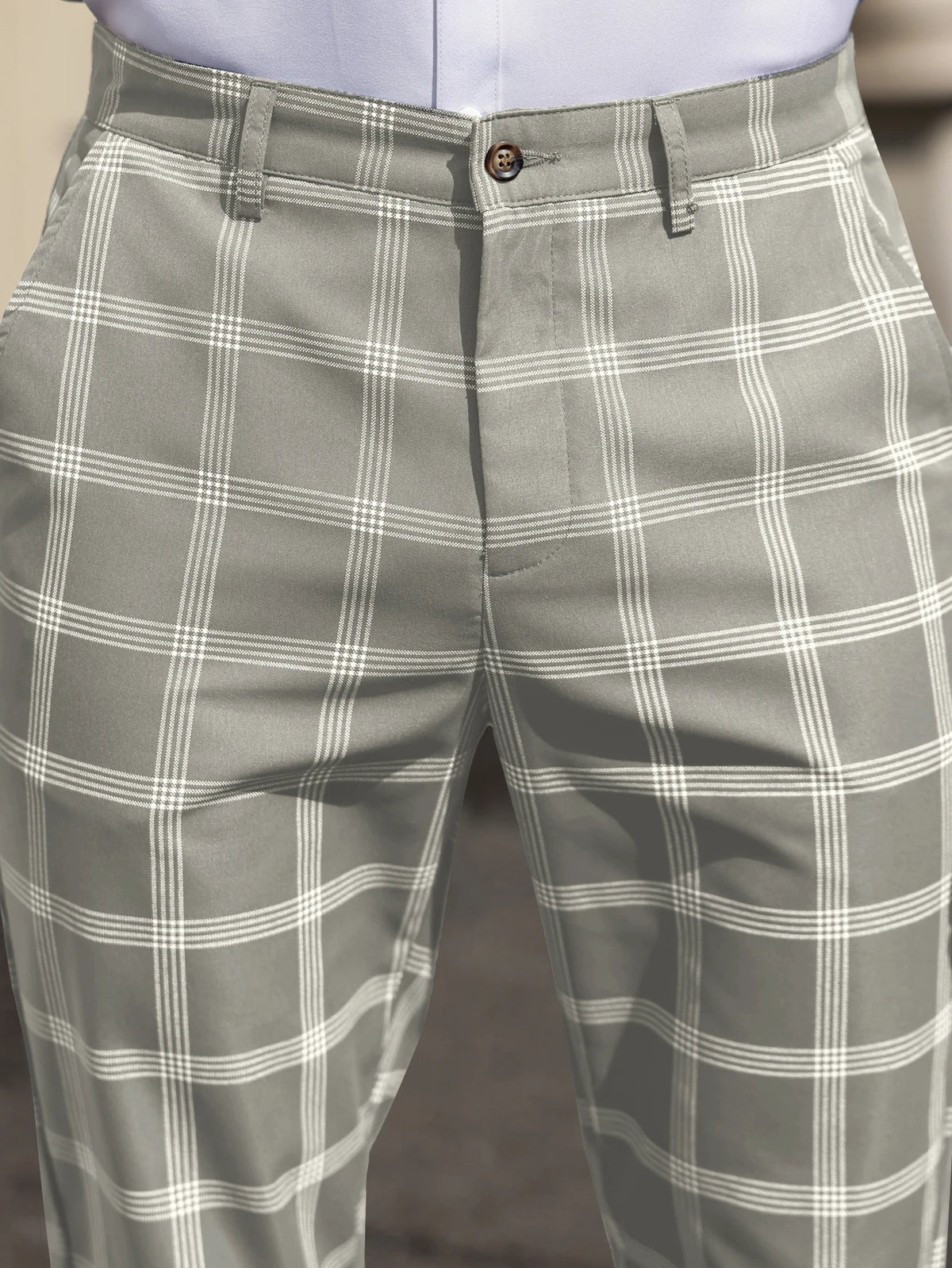 Men's Grey Windowpane Ankle Trousers. Polyester fabric.
