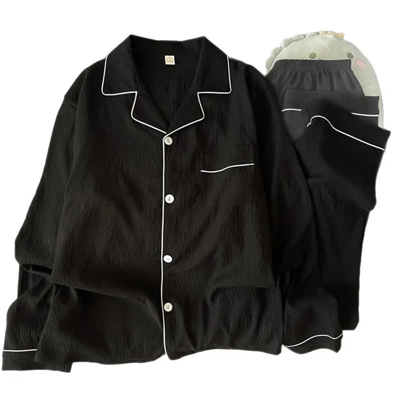 Men's Textured Piped Button-Front Pyjamas. Textured polyester fabric.