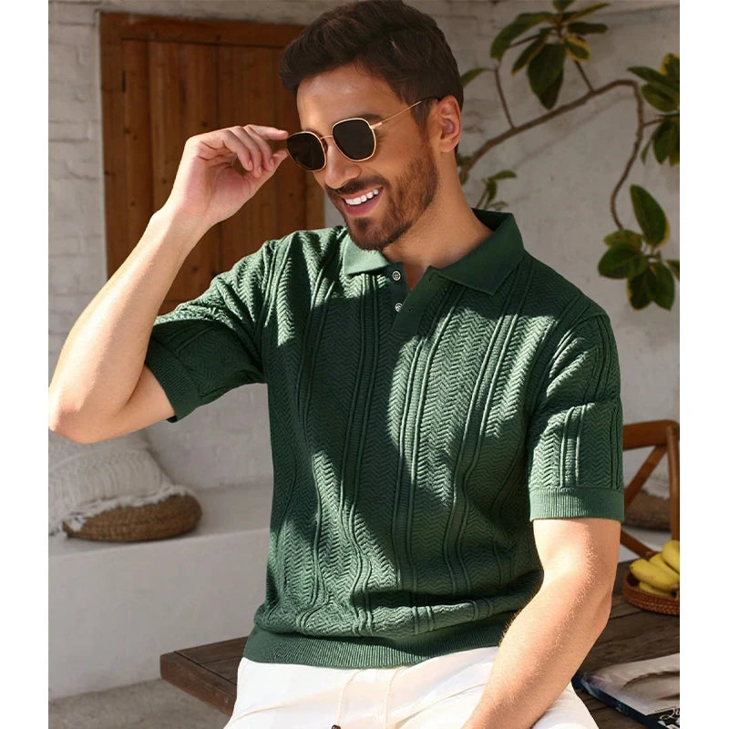 Men's Textured Short-Sleeve Knit Polo. Textured knit finish.