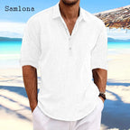 Men's Long-Sleeve Cotton-Linen Popover Shirt. Cotton-linen blend.