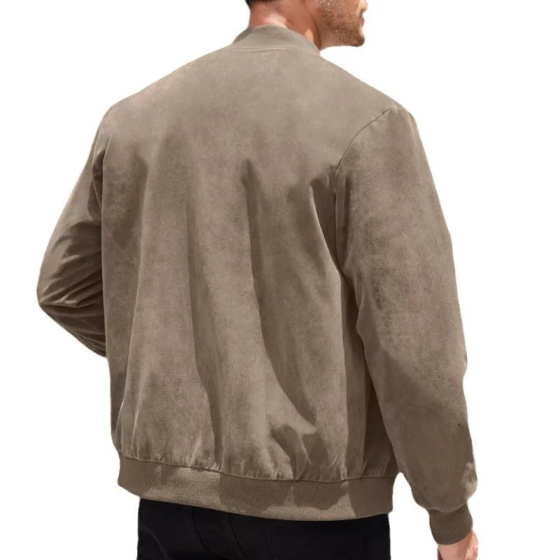 Men's Suede-Look Rib-Trim Bomber Jacket. Suede-look finish.