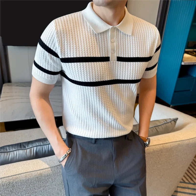 Men's Textured Contrast-Stripe Knit Polo. Textured knit.