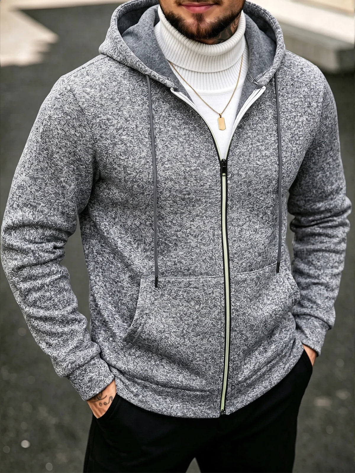 Men's Marl Fleece-Lined Zip Hoodie. Heather marl knit exterior.