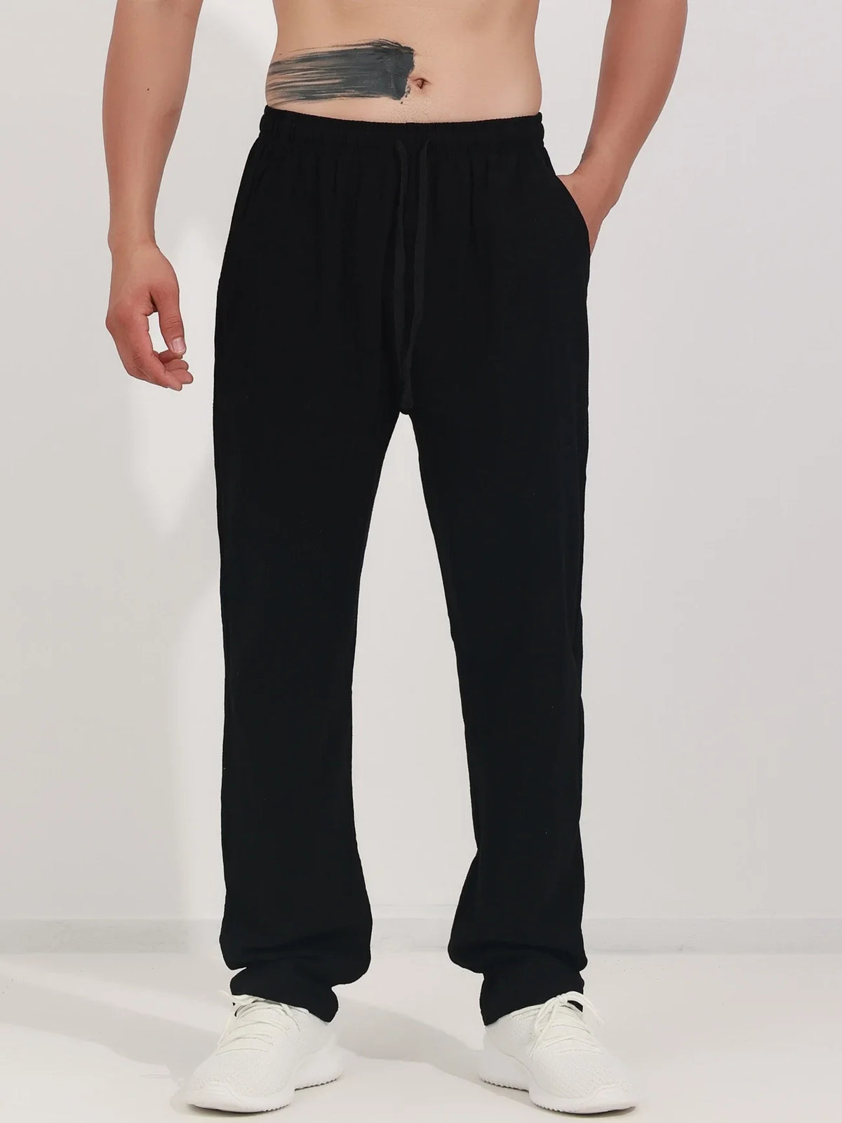 Men's Relaxed Cotton-Linen Drawstring Trousers. Cotton and linen blend.