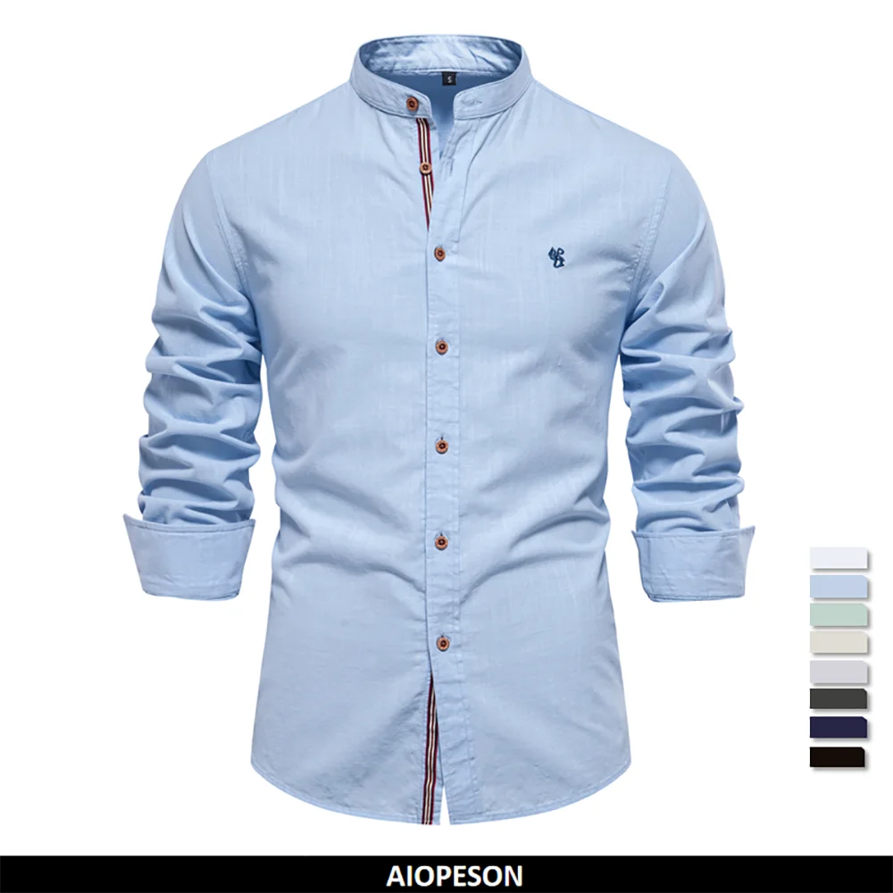 Men's Cotton Grandad-Collar Contrast Shirt. Grandad collar.