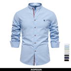 Men's Cotton Grandad-Collar Contrast Shirt. Grandad collar.