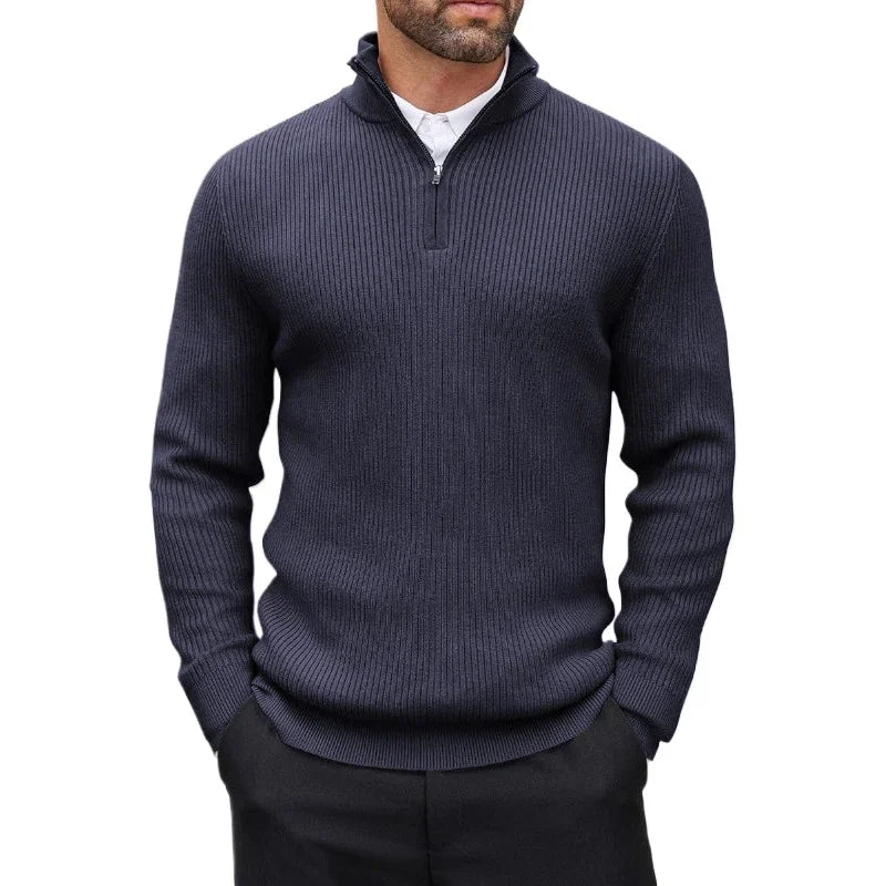 Men's Ribbed Stand-Collar Quarter-Zip Jumper. Ribbed knit texture.