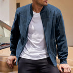 Men's Suede-Look Rib-Trim Bomber Jacket. Suede-look finish.