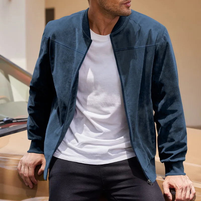 Men's Suede-Look Rib-Trim Bomber Jacket. Suede-look finish.