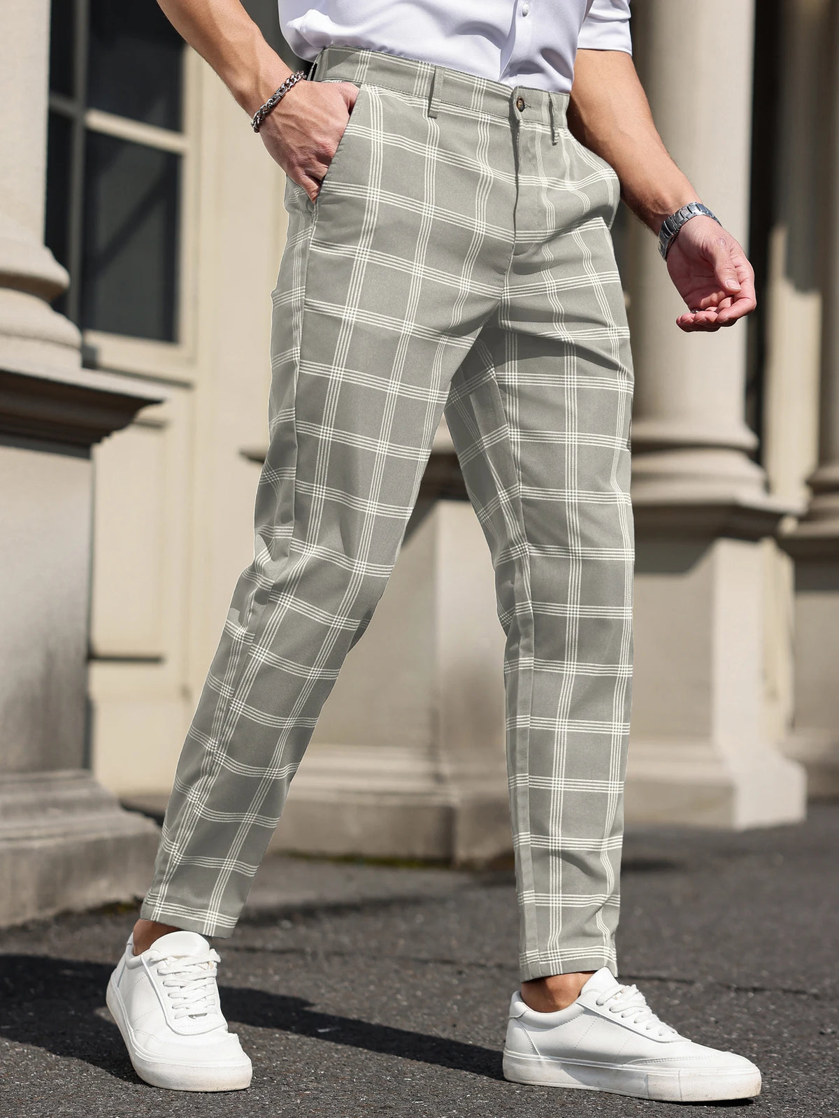 Men's Grey Windowpane Ankle Trousers. Polyester fabric.