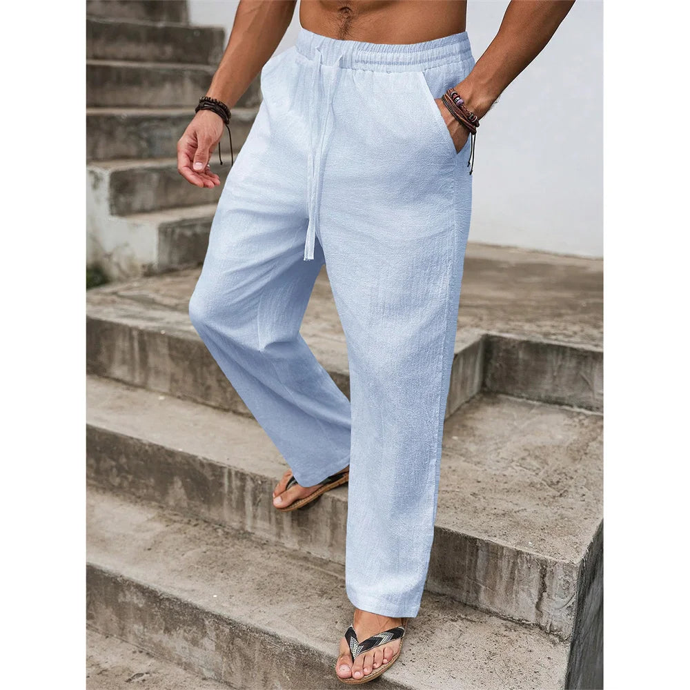 Men's Cotton-Linen Drawstring Trousers. Cotton and linen blend.