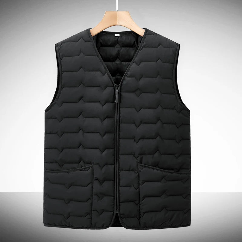 Men's Wave-Quilted Collarless Gilet. Wave quilt pattern.