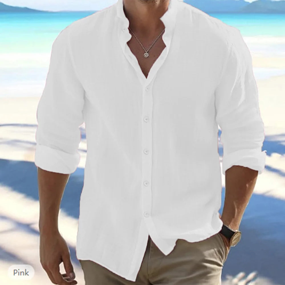 Men's Cotton-Linen Grandad-Collar Shirt. Cotton-linen blend.