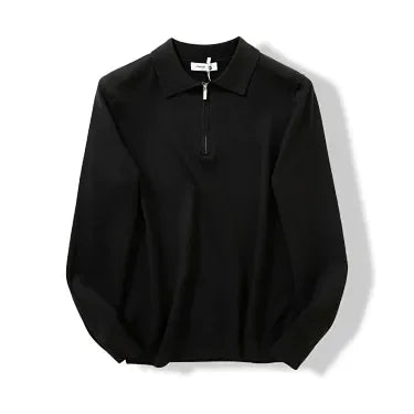Men's Collared Zip-Neck Knit Polo. Fold-over polo collar.