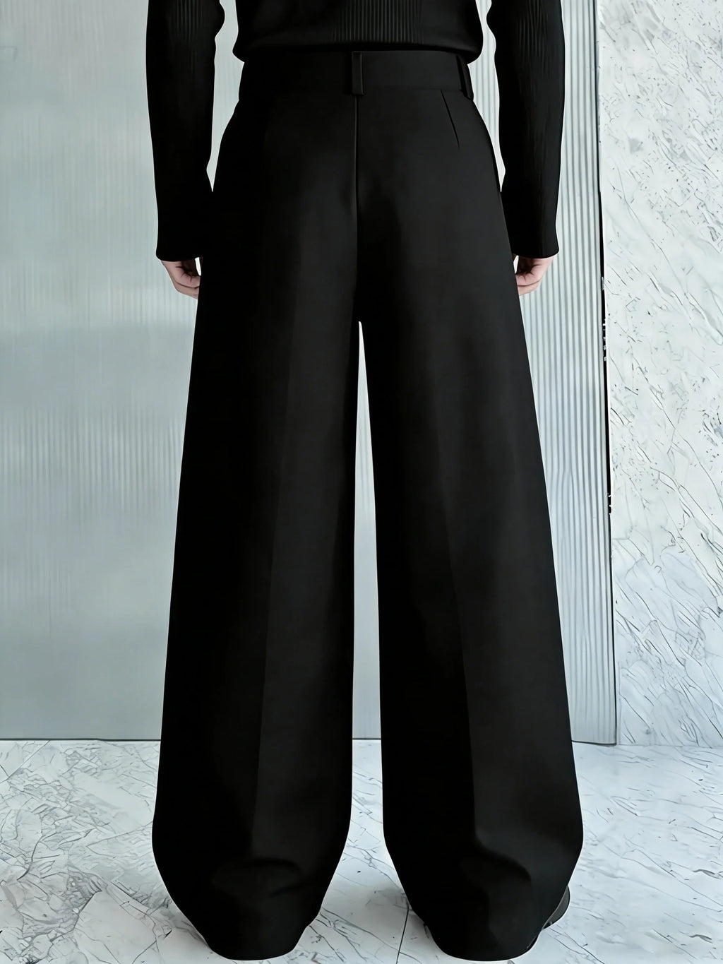 Men's High-Waist Wide-Leg Pleated Trousers. Polyester fabric.