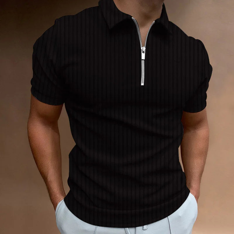 Men's Ribbed Short-Sleeve Zip-Neck Polo. Vertical rib texture.