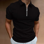 Men's Ribbed Short-Sleeve Zip-Neck Polo. Vertical rib texture.