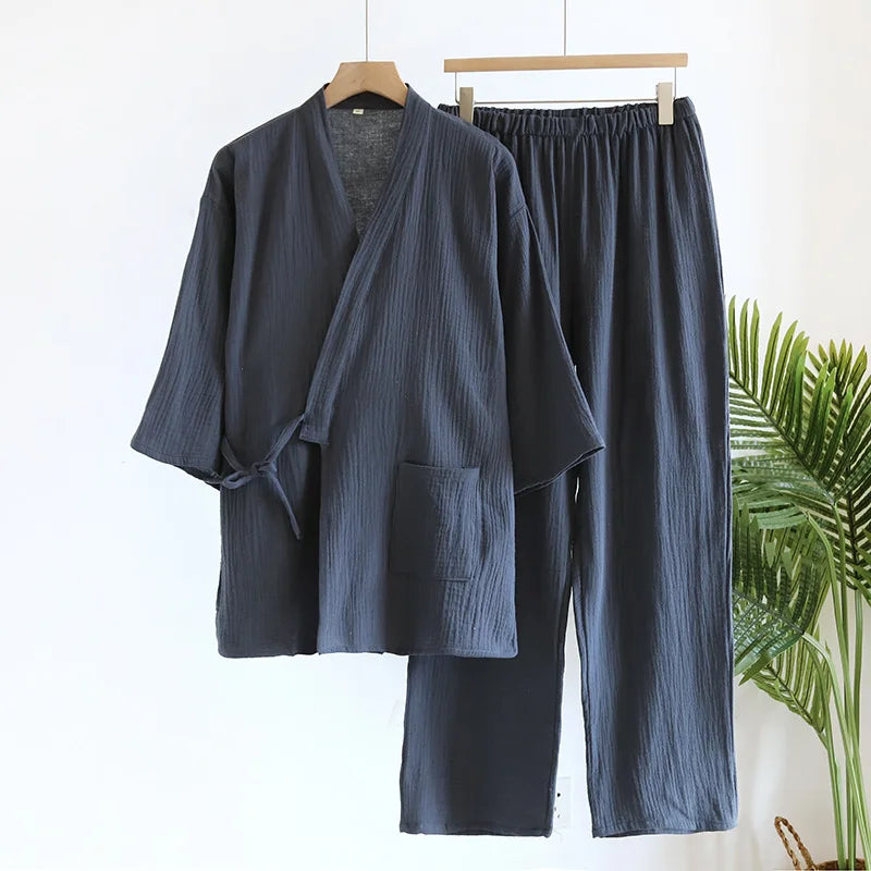 Men's Textured Cotton Kimono & Trouser Set. Textured cotton fabric.