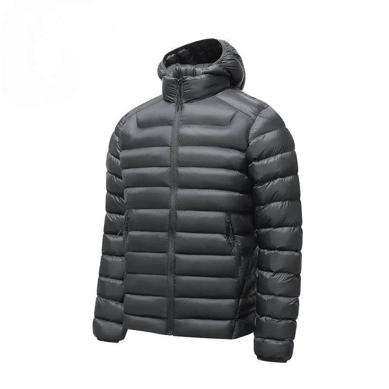 Men's Horizontal-Quilted Hooded Puffer Jacket. Hooded shape.