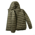 Men's Lightweight Narrow-Quilted Hooded Puffer. Narrow horizontal quilting.