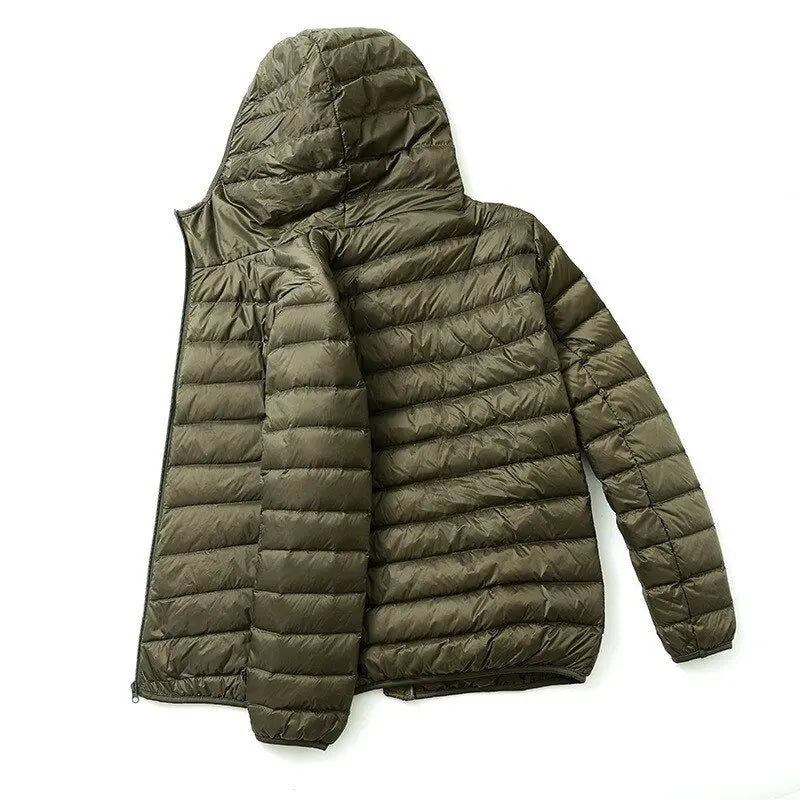 Men's Lightweight Narrow-Quilted Hooded Puffer. Narrow horizontal quilting.