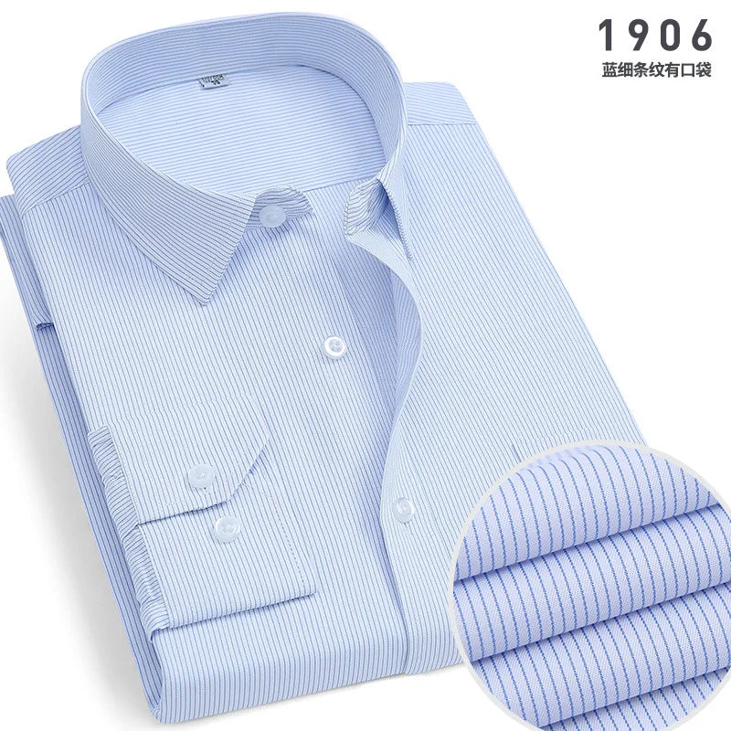Men's Classic Stripe & Plain Pocket Shirt. Cotton-polyester blend.