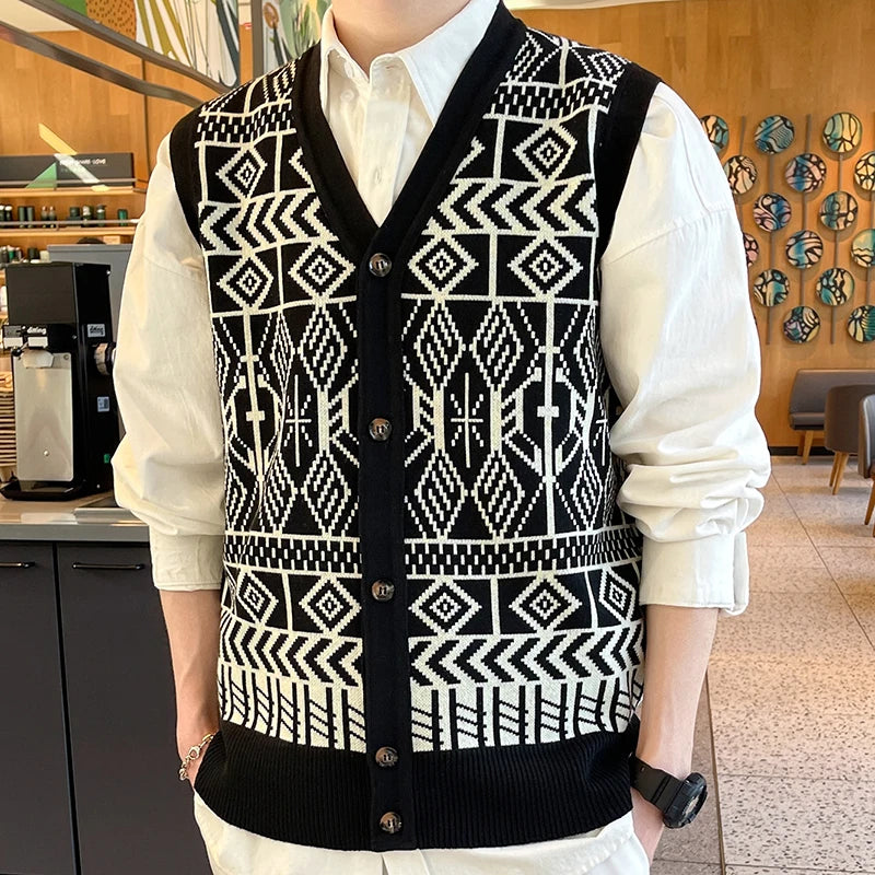 Men's Geometric Button-Front Knit Vest. Black and cream geometric knit.