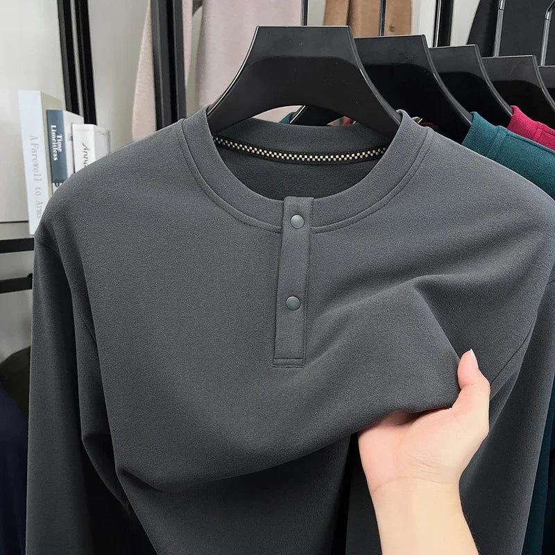 Men's Brushed Long-Sleeve Henley Top. Brushed finish.