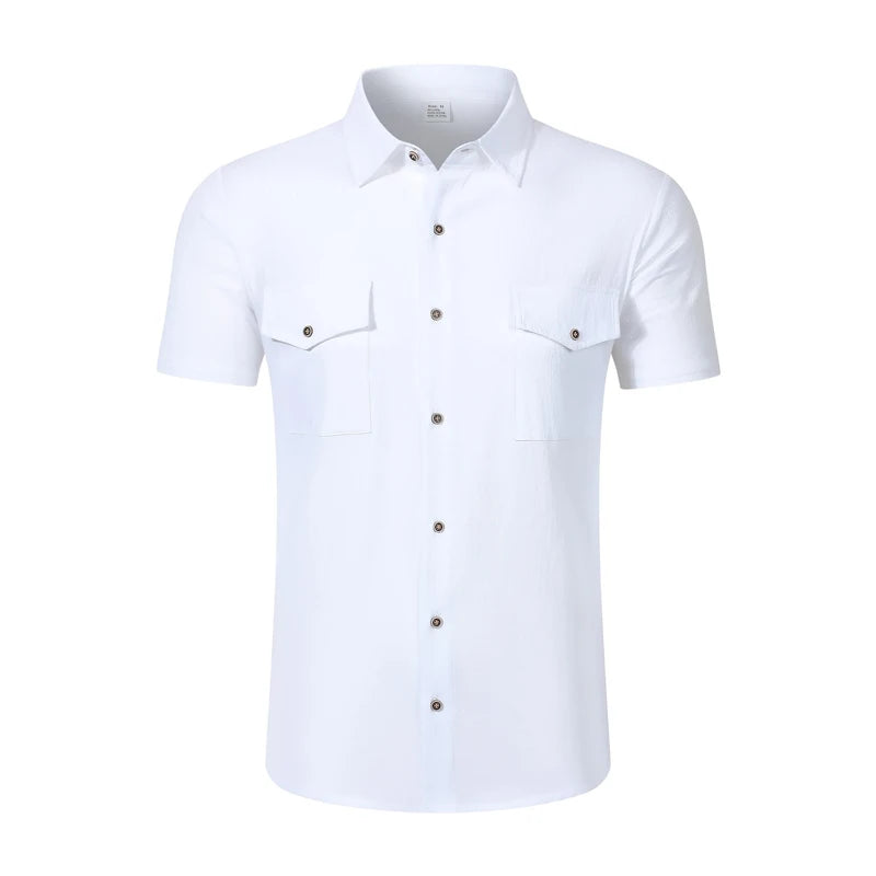 Men's Linen-Blend Twin-Pocket Summer Shirt. Linen and polyester blend.