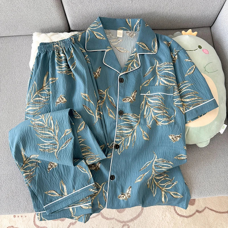 Men's Short-Sleeve Pyjama Shirt & Trouser Set. Short-sleeve button-front shirt.