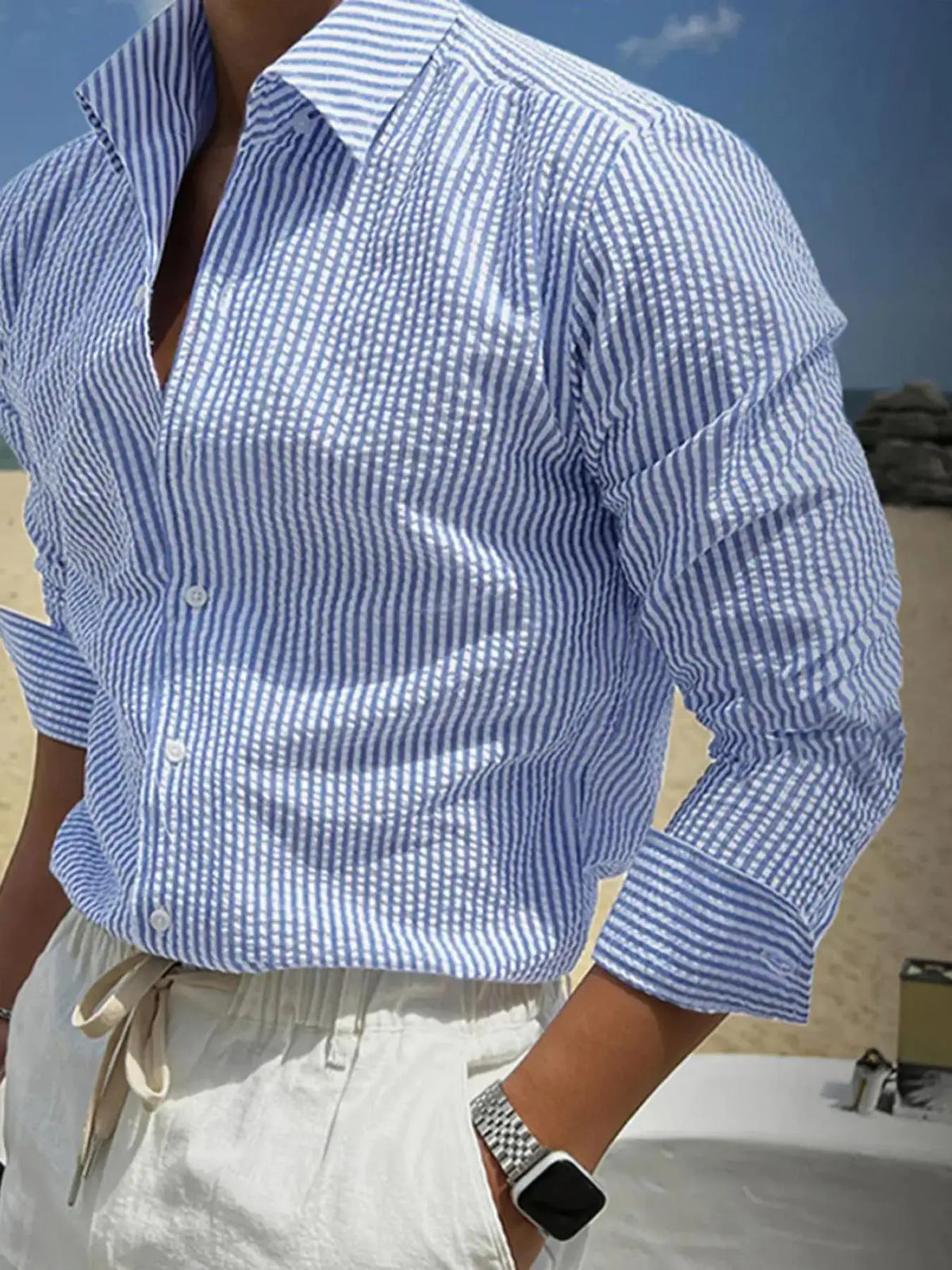 Men's Textured Long-Sleeve Stripe Shirt. Textured striped finish.