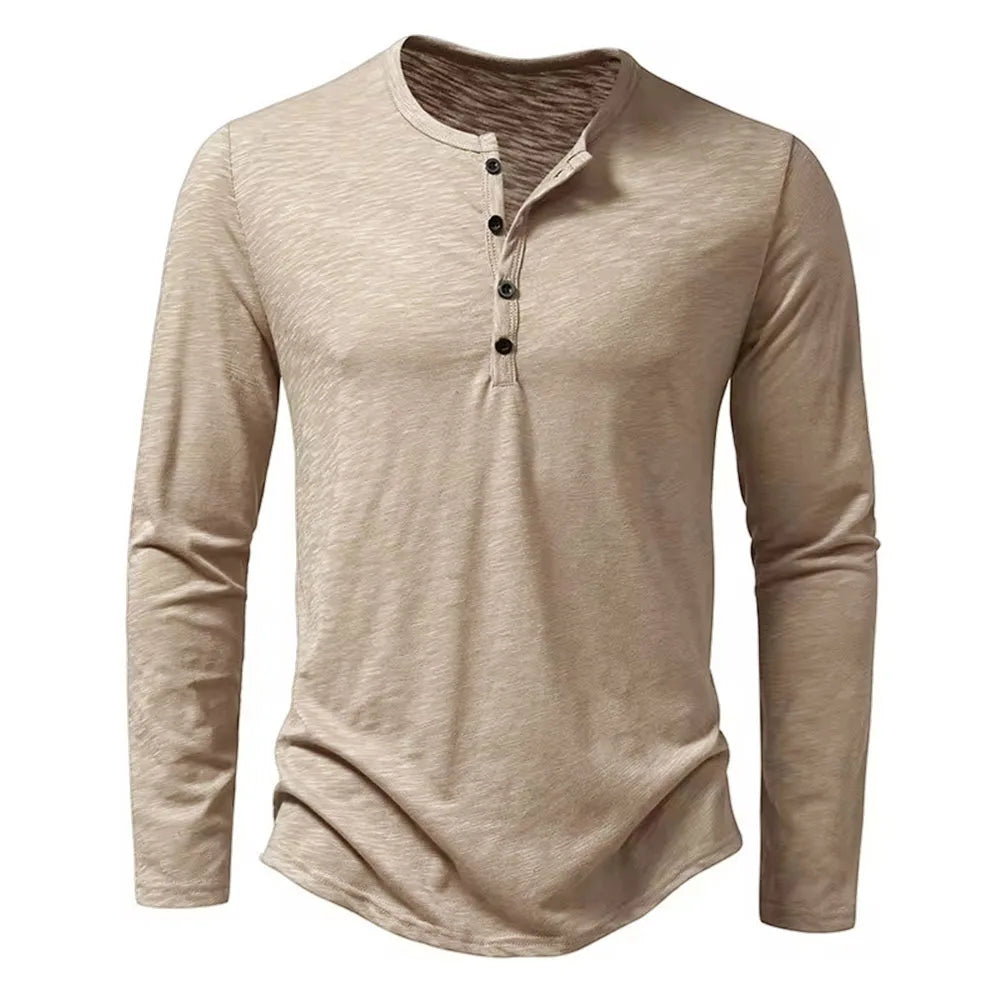 Men's Cotton Long-Sleeve Button Henley. Cotton fabric.