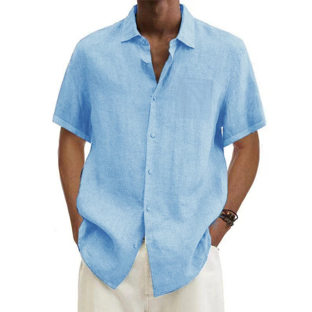 Men's Relaxed Short-Sleeve Cotton-Linen Shirt. Cotton-linen blend.